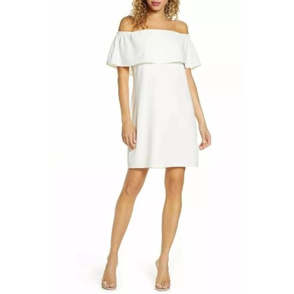 Charles Henry Dress Off The Shoulder Ruffle Overlay Mini Ivory White NWT XS - Picture 3 of 10